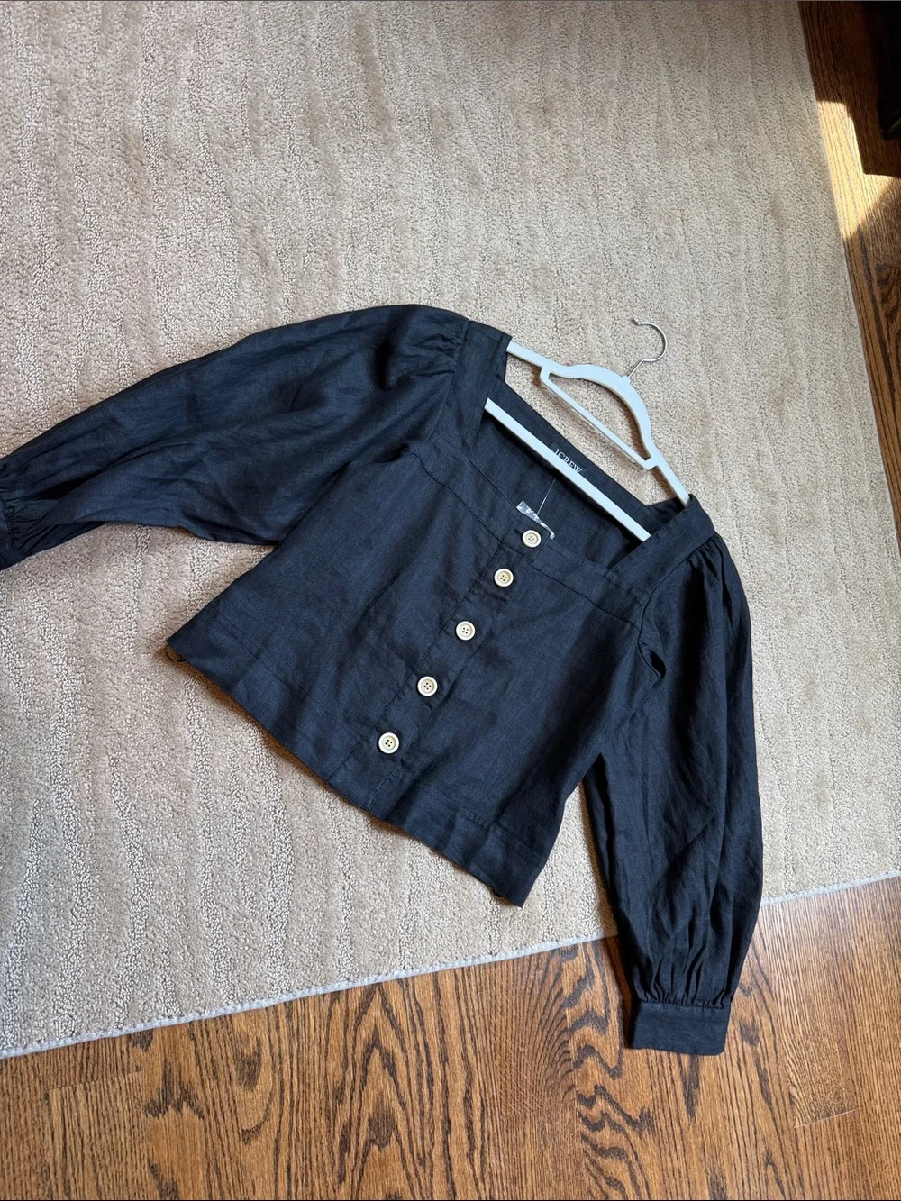 J. Crew Black Square-Neck Button Front Puff Sleeve Blouse In Linen